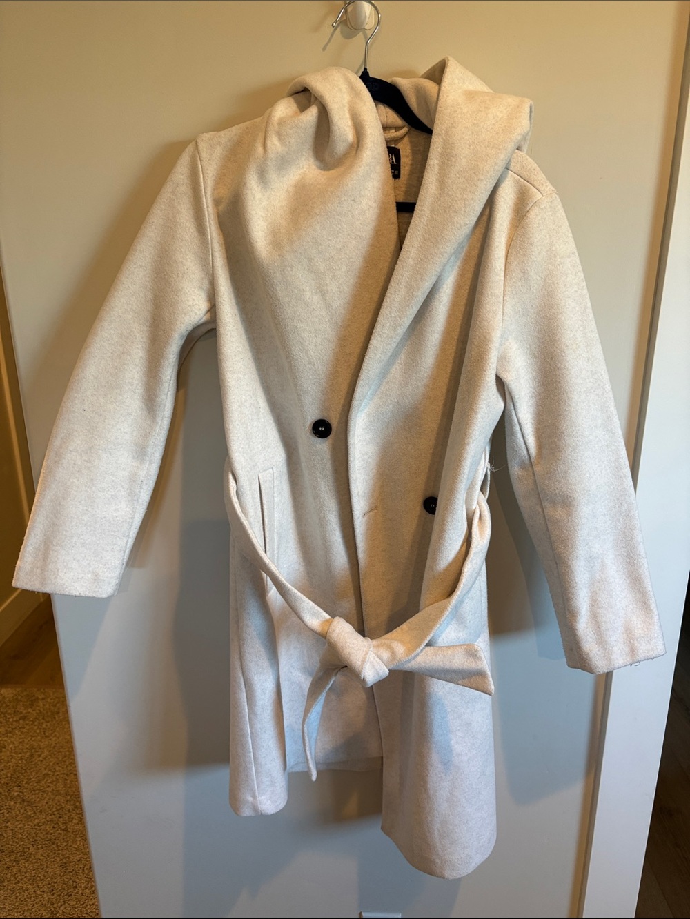 Zara Womens Cream Hooded Belted Wool-Blend Coat